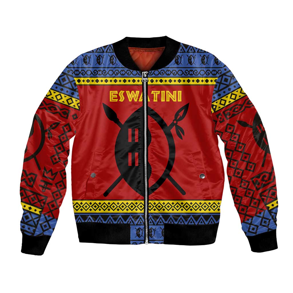 Eswatini Flag Bomber Jacket with Traditional Shield Spear and Cultural Pattern Design - Wonder Print Shop