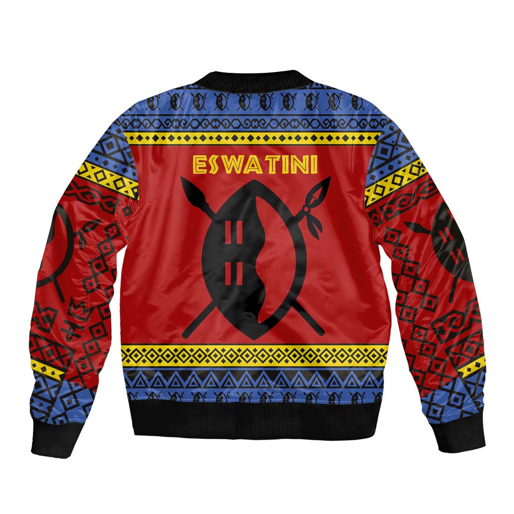 Eswatini Flag Bomber Jacket with Traditional Shield Spear and Cultural Pattern Design - Wonder Print Shop