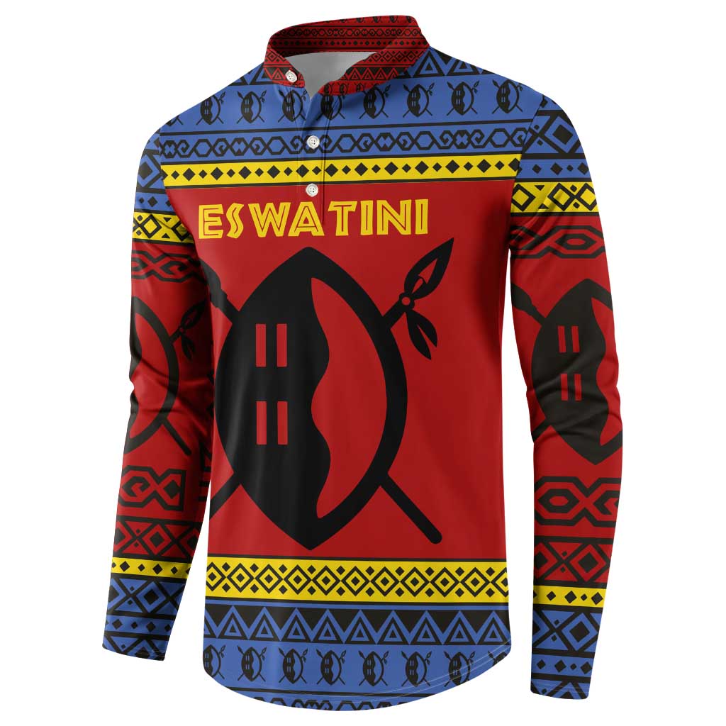 Eswatini Flag Button Sweatshirt with Traditional Shield Spear and Cultural Pattern Design - Wonder Print Shop