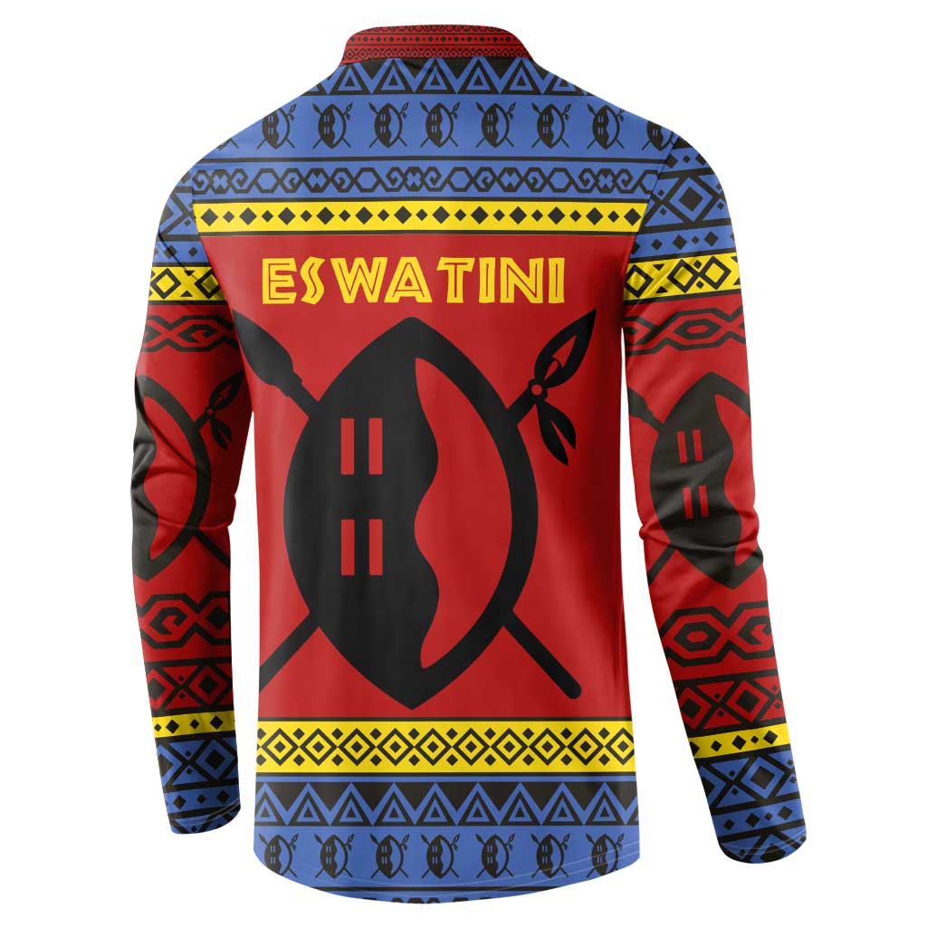 Eswatini Flag Button Sweatshirt with Traditional Shield Spear and Cultural Pattern Design - Wonder Print Shop