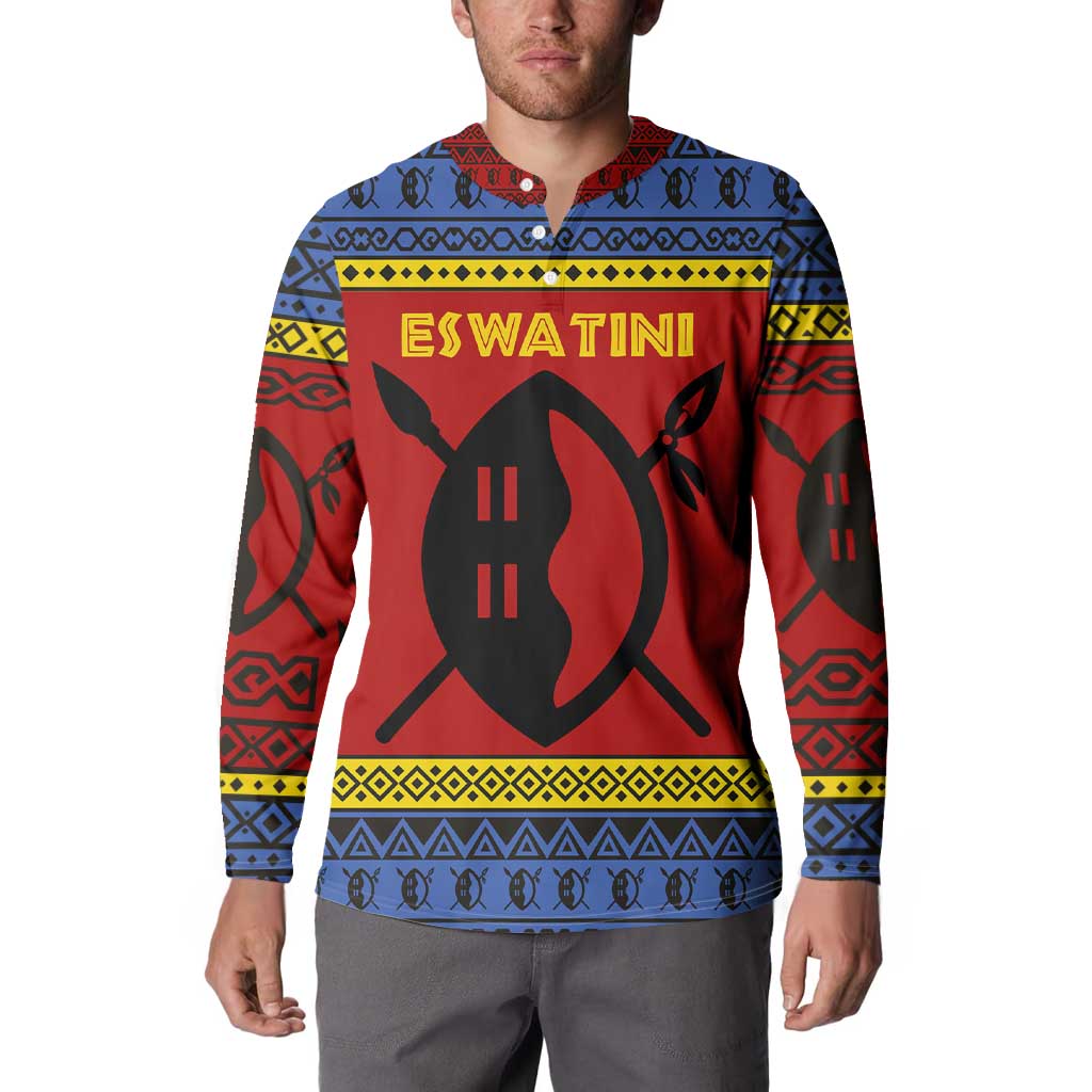 Eswatini Flag Button Sweatshirt with Traditional Shield Spear and Cultural Pattern Design - Wonder Print Shop