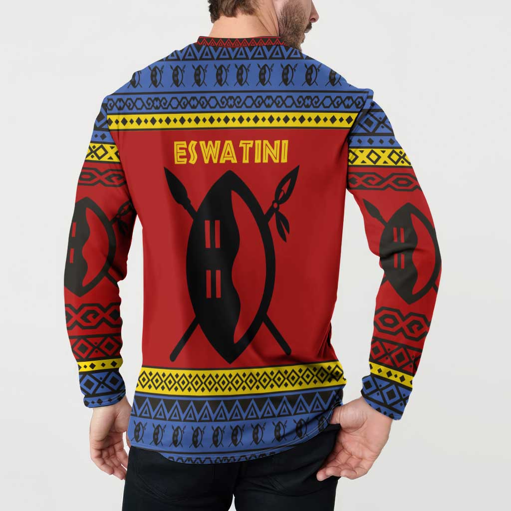 Eswatini Flag Button Sweatshirt with Traditional Shield Spear and Cultural Pattern Design - Wonder Print Shop