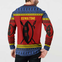 Eswatini Flag Button Sweatshirt with Traditional Shield Spear and Cultural Pattern Design - Wonder Print Shop