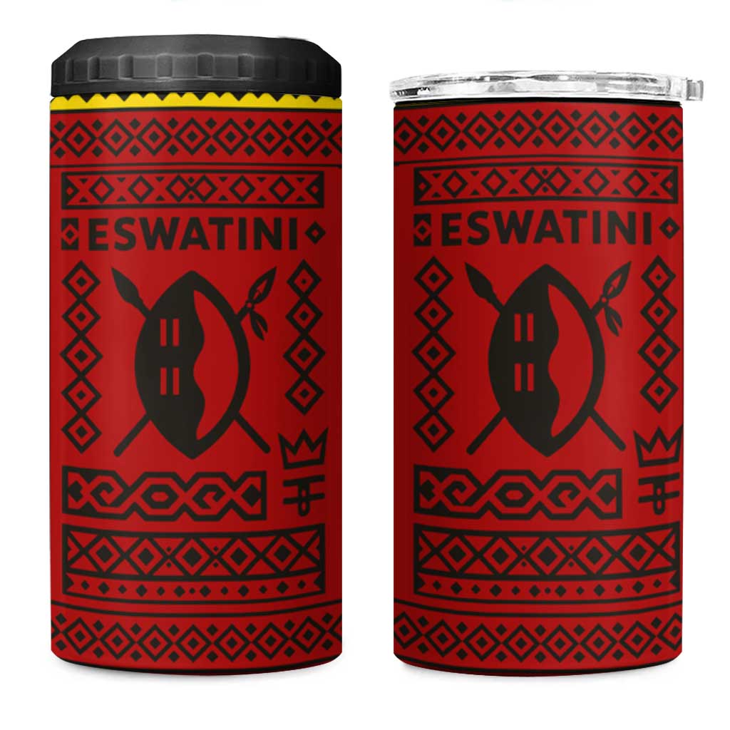 Eswatini Flag 4 in 1 Can Cooler Tumbler with Traditional Shield Spear and Cultural Pattern Design - Wonder Print Shop