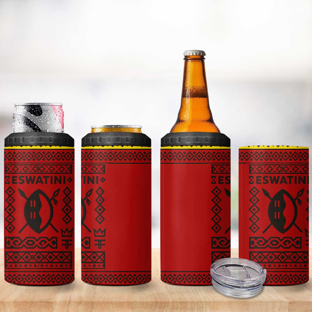 Eswatini Flag 4 in 1 Can Cooler Tumbler with Traditional Shield Spear and Cultural Pattern Design - Wonder Print Shop