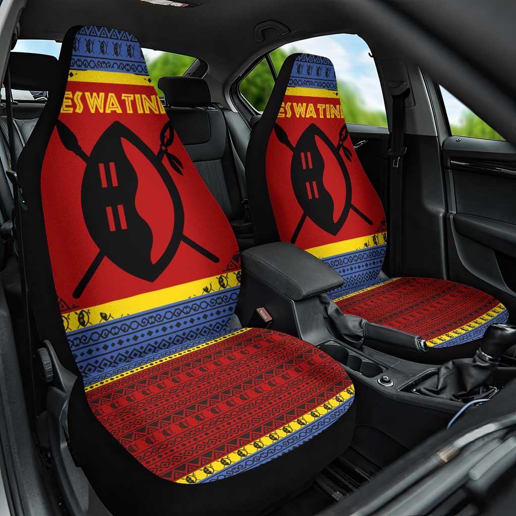 Eswatini Flag Car Seat Cover with Traditional Shield Spear and Cultural Pattern Design - Wonder Print Shop