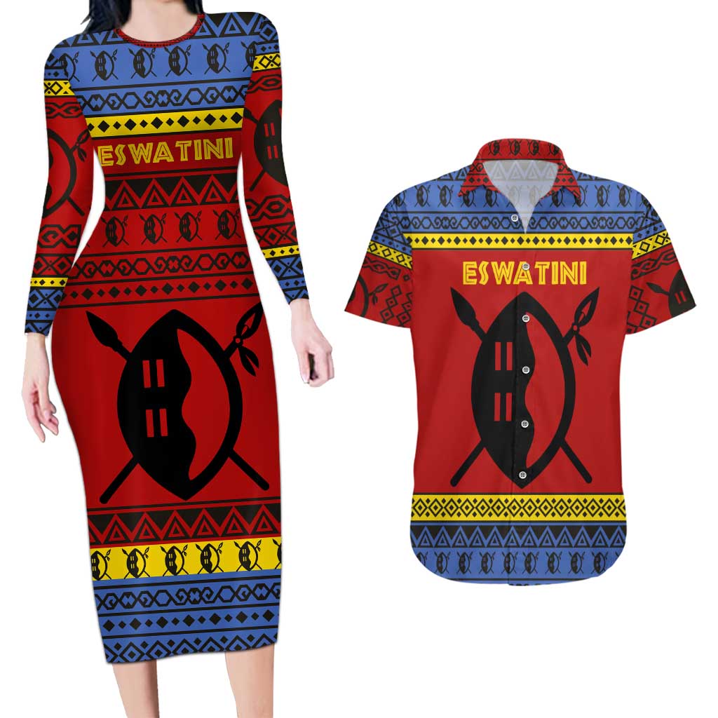 Eswatini Flag Couples Matching Long Sleeve Bodycon Dress and Hawaiian Shirt with Traditional Shield Spear and Cultural Pattern Design - Wonder Print Shop