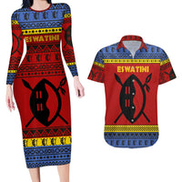 Eswatini Flag Couples Matching Long Sleeve Bodycon Dress and Hawaiian Shirt with Traditional Shield Spear and Cultural Pattern Design - Wonder Print Shop