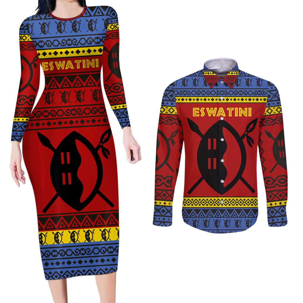 Eswatini Flag Couples Matching Long Sleeve Bodycon Dress and Long Sleeve Button Shirt with Traditional Shield Spear and Cultural Pattern Design - Wonder Print Shop