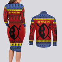 Eswatini Flag Couples Matching Long Sleeve Bodycon Dress and Long Sleeve Button Shirt with Traditional Shield Spear and Cultural Pattern Design - Wonder Print Shop