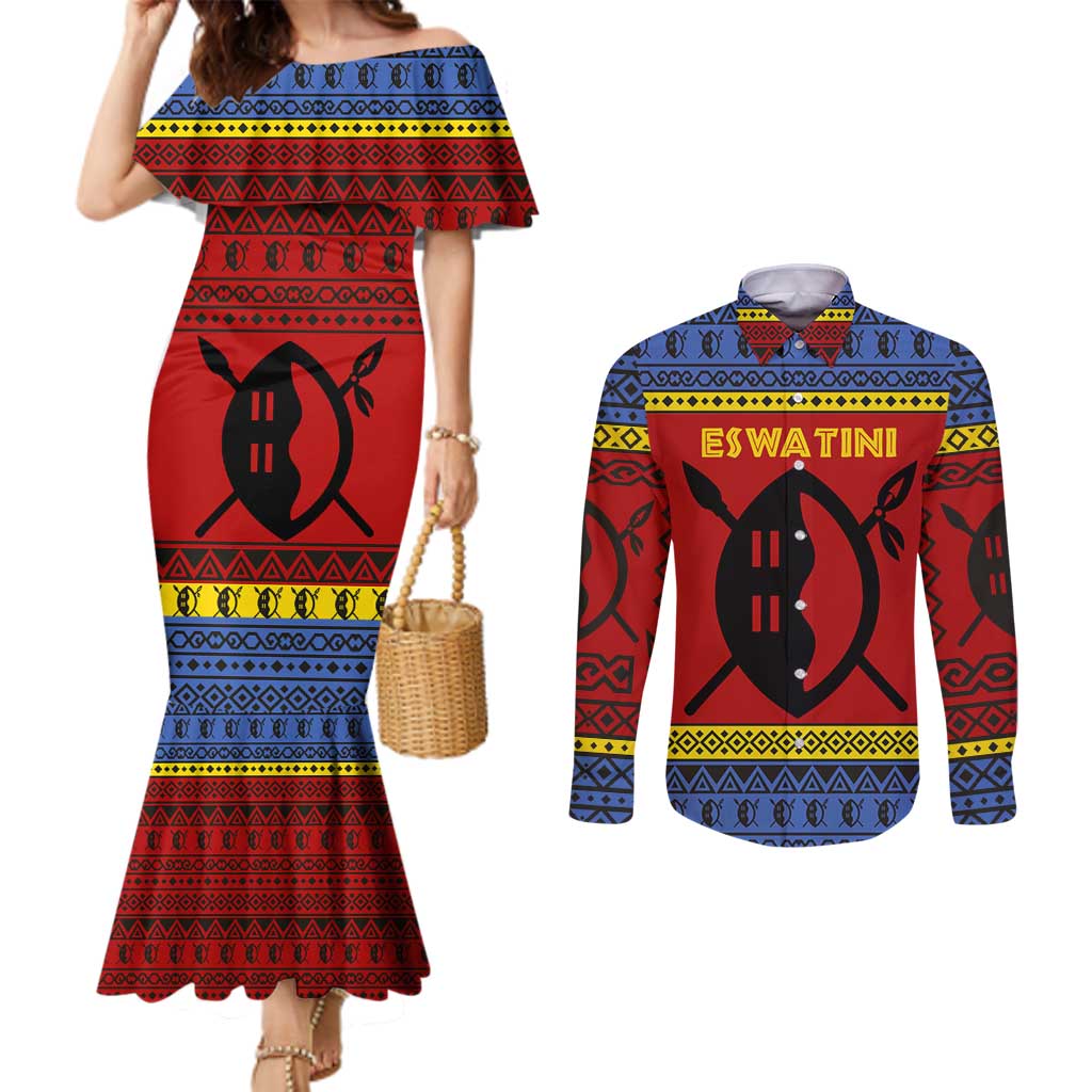 Eswatini Flag Couples Matching Mermaid Dress and Long Sleeve Button Shirt with Traditional Shield Spear and Cultural Pattern Design - Wonder Print Shop