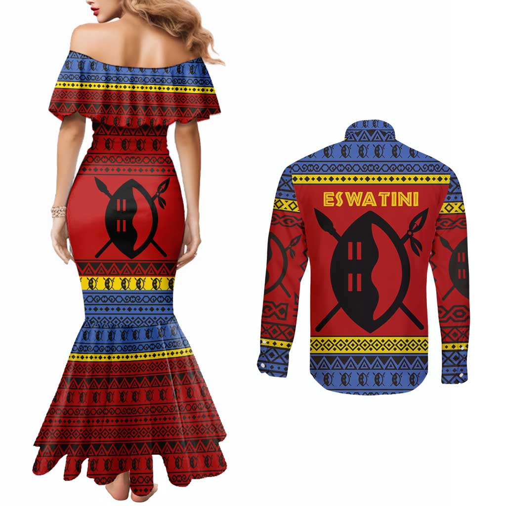 Eswatini Flag Couples Matching Mermaid Dress and Long Sleeve Button Shirt with Traditional Shield Spear and Cultural Pattern Design - Wonder Print Shop