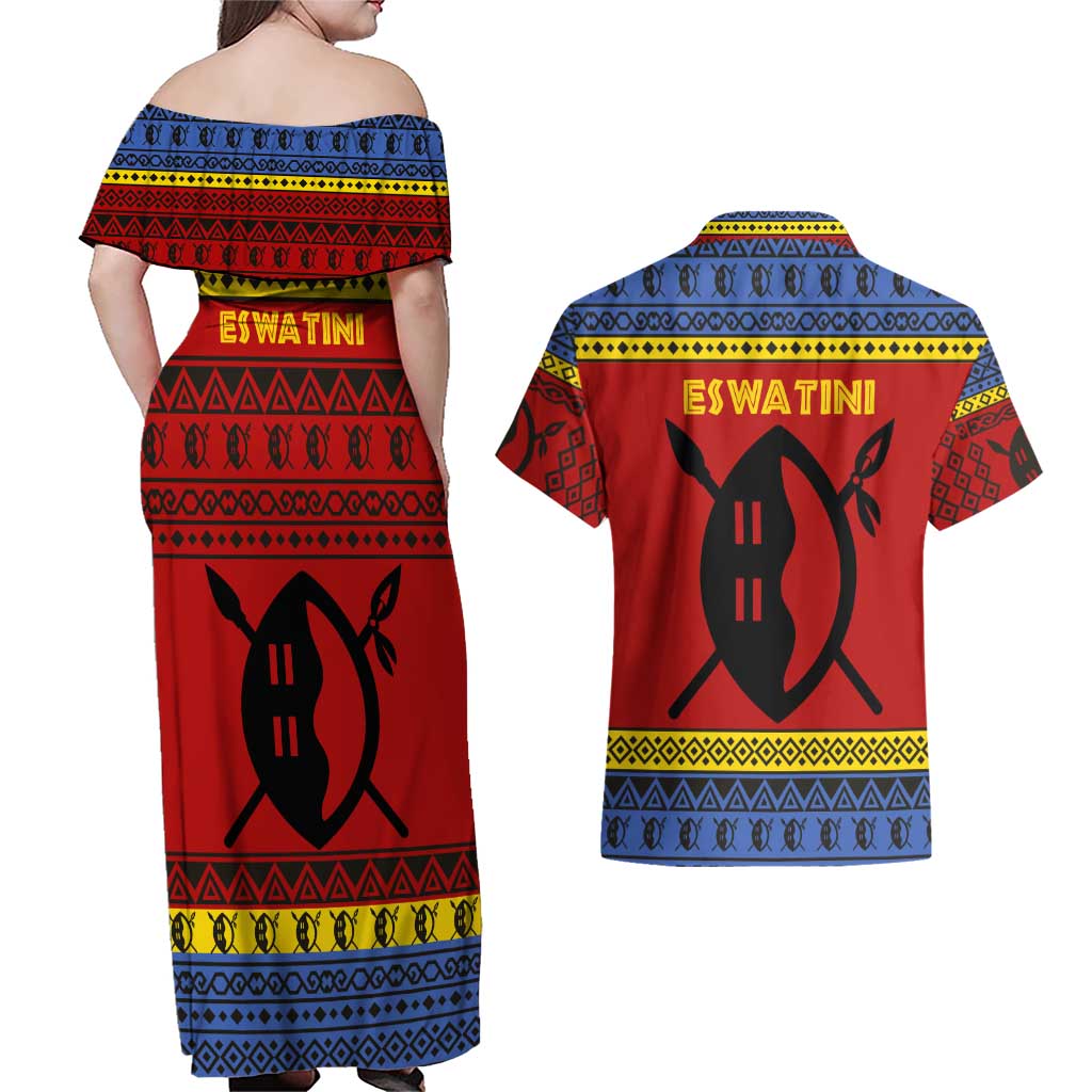 Eswatini Flag Couples Matching Off Shoulder Maxi Dress and Hawaiian Shirt with Traditional Shield Spear and Cultural Pattern Design - Wonder Print Shop