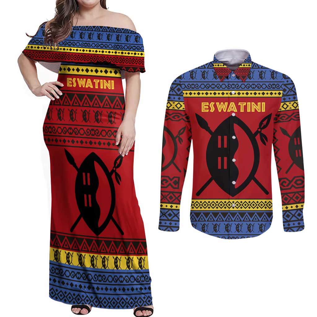 Eswatini Flag Couples Matching Off Shoulder Maxi Dress and Long Sleeve Button Shirt with Traditional Shield Spear and Cultural Pattern Design - Wonder Print Shop