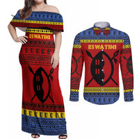 Eswatini Flag Couples Matching Off Shoulder Maxi Dress and Long Sleeve Button Shirt with Traditional Shield Spear and Cultural Pattern Design - Wonder Print Shop
