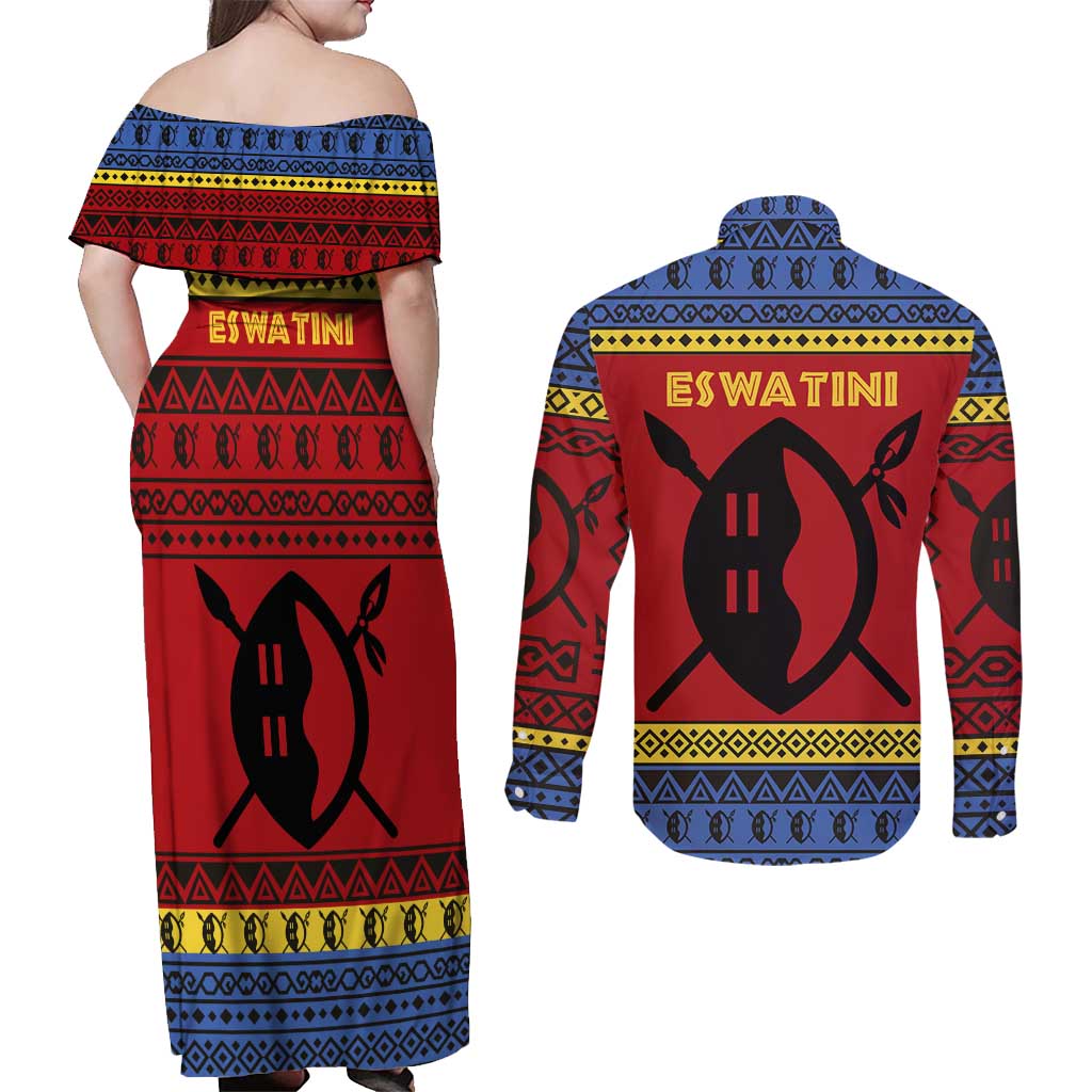 Eswatini Flag Couples Matching Off Shoulder Maxi Dress and Long Sleeve Button Shirt with Traditional Shield Spear and Cultural Pattern Design - Wonder Print Shop