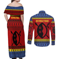 Eswatini Flag Couples Matching Off Shoulder Maxi Dress and Long Sleeve Button Shirt with Traditional Shield Spear and Cultural Pattern Design - Wonder Print Shop