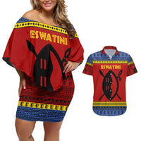 Eswatini Flag Couples Matching Off Shoulder Short Dress and Hawaiian Shirt with Traditional Shield Spear and Cultural Pattern Design - Wonder Print Shop