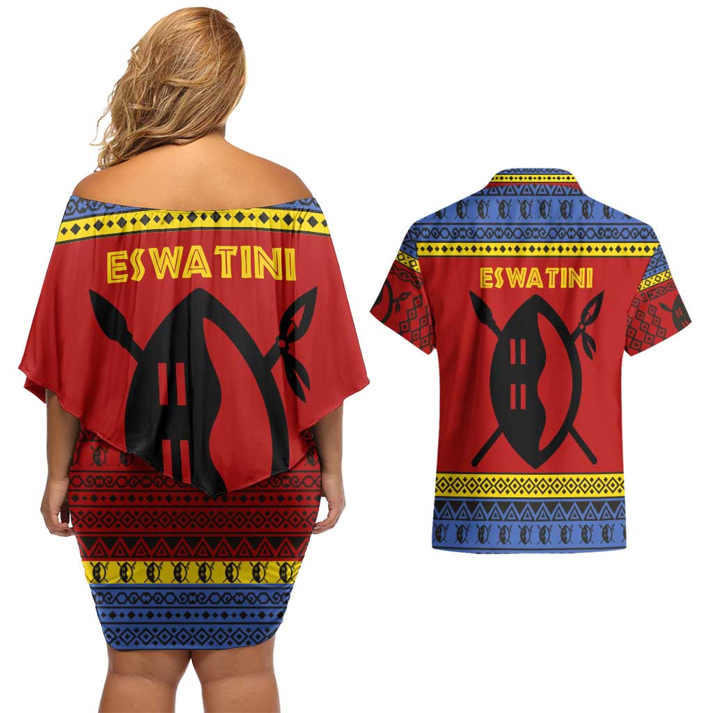Eswatini Flag Couples Matching Off Shoulder Short Dress and Hawaiian Shirt with Traditional Shield Spear and Cultural Pattern Design - Wonder Print Shop
