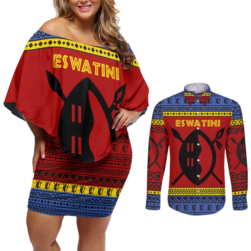 Eswatini Flag Couples Matching Off Shoulder Short Dress and Long Sleeve Button Shirt with Traditional Shield Spear and Cultural Pattern Design - Wonder Print Shop