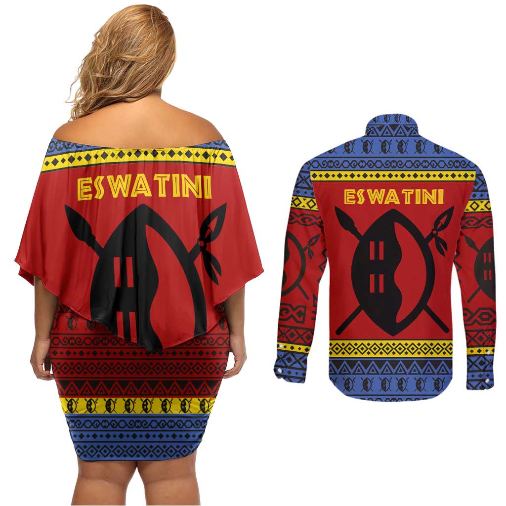 Eswatini Flag Couples Matching Off Shoulder Short Dress and Long Sleeve Button Shirt with Traditional Shield Spear and Cultural Pattern Design - Wonder Print Shop