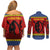 Eswatini Flag Couples Matching Off Shoulder Short Dress and Long Sleeve Button Shirt with Traditional Shield Spear and Cultural Pattern Design - Wonder Print Shop