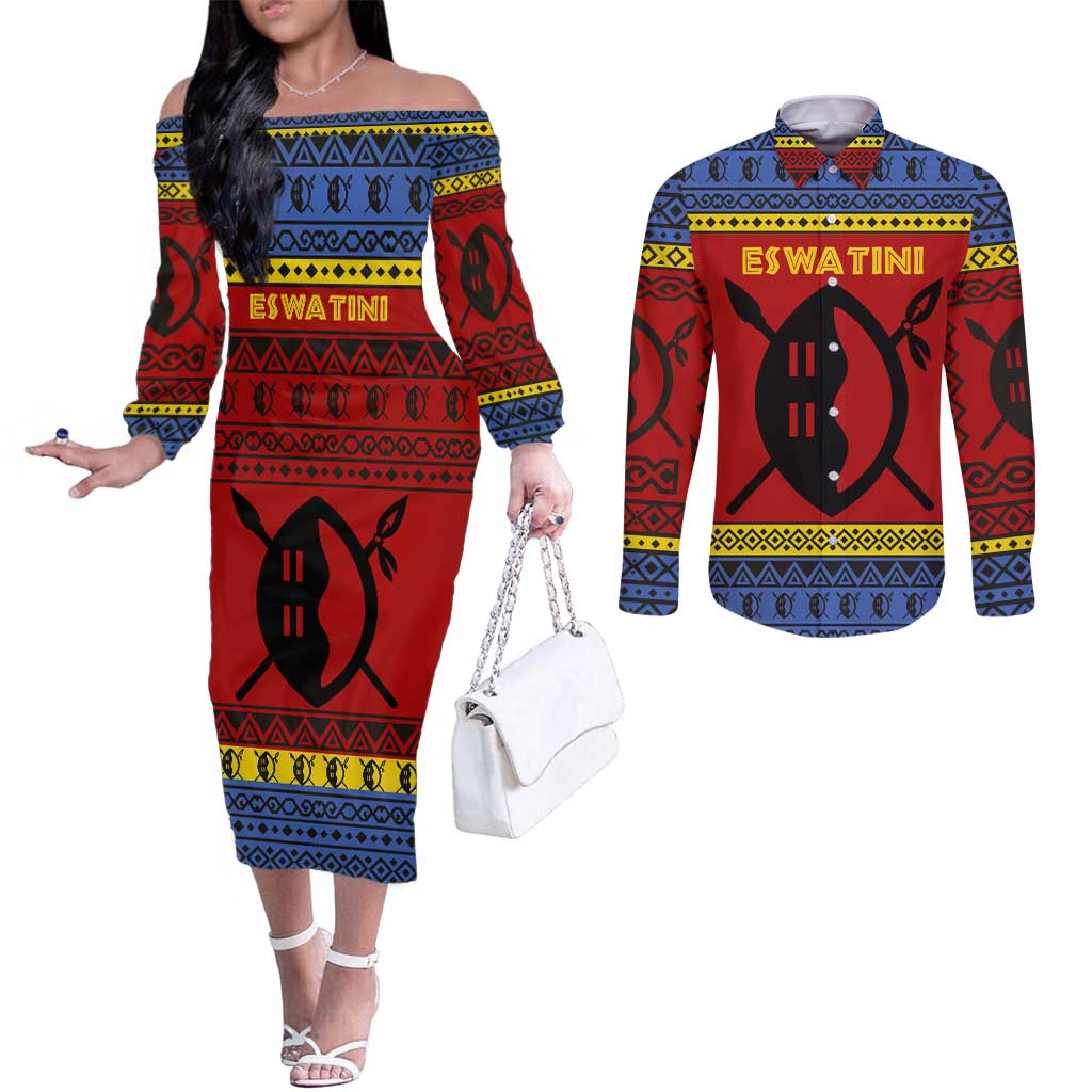 Eswatini Flag Couples Matching Off The Shoulder Long Sleeve Dress and Long Sleeve Button Shirt with Traditional Shield Spear and Cultural Pattern Design - Wonder Print Shop