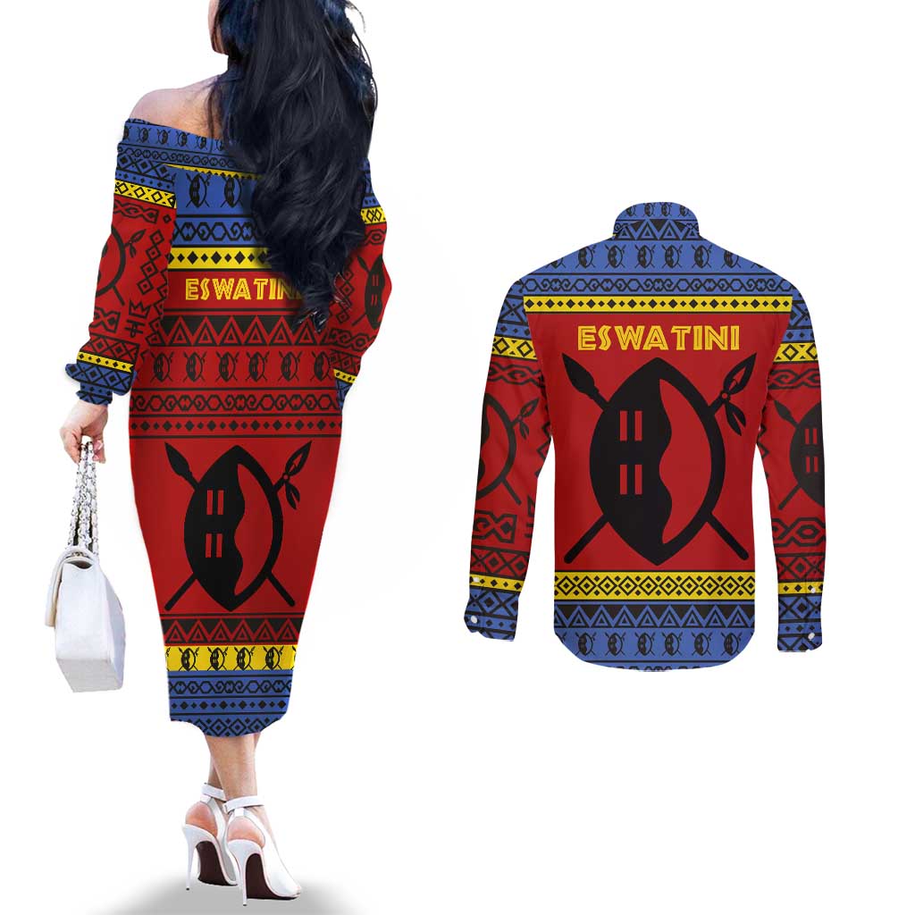 Eswatini Flag Couples Matching Off The Shoulder Long Sleeve Dress and Long Sleeve Button Shirt with Traditional Shield Spear and Cultural Pattern Design - Wonder Print Shop