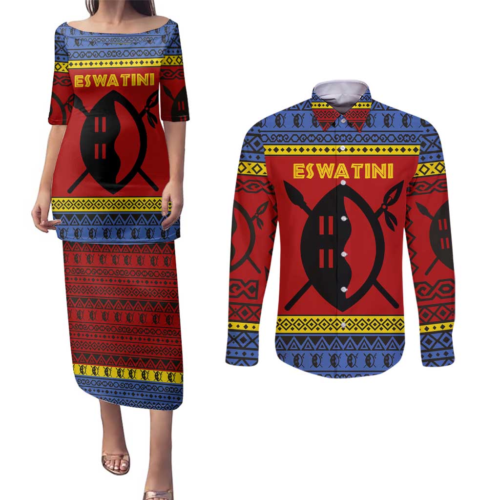 Eswatini Flag Couples Matching Puletasi and Long Sleeve Button Shirt with Traditional Shield Spear and Cultural Pattern Design - Wonder Print Shop