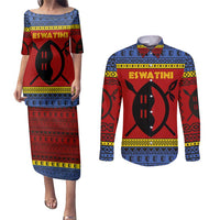 Eswatini Flag Couples Matching Puletasi and Long Sleeve Button Shirt with Traditional Shield Spear and Cultural Pattern Design - Wonder Print Shop