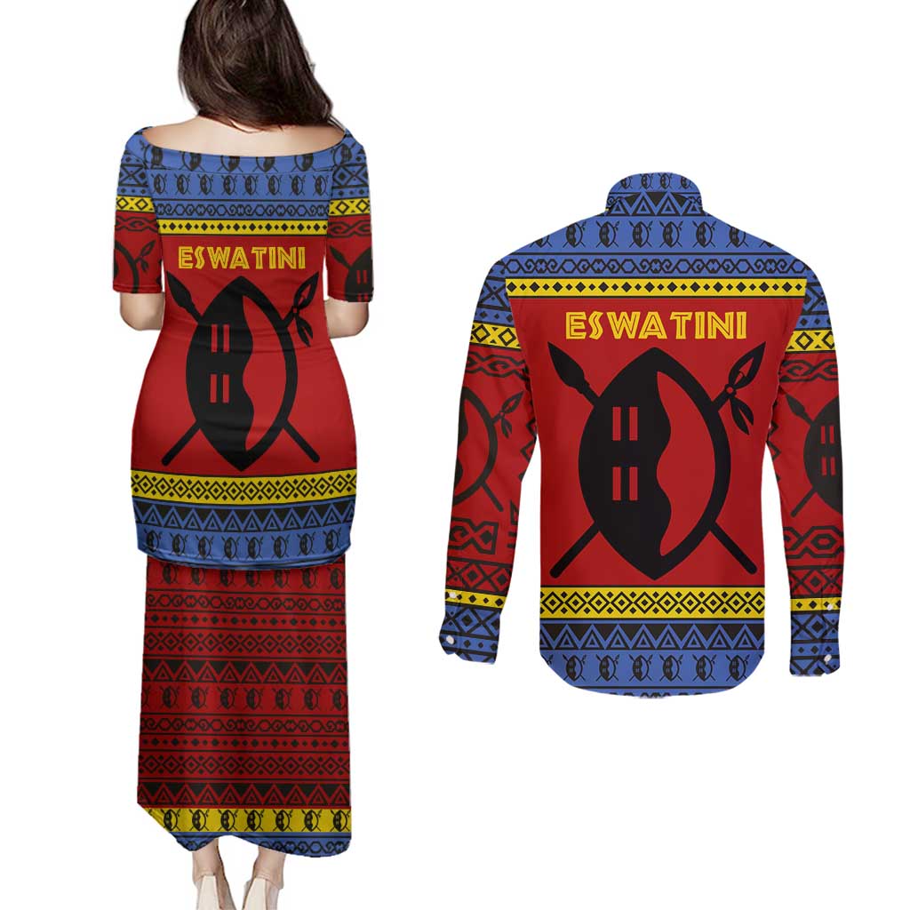 Eswatini Flag Couples Matching Puletasi and Long Sleeve Button Shirt with Traditional Shield Spear and Cultural Pattern Design - Wonder Print Shop