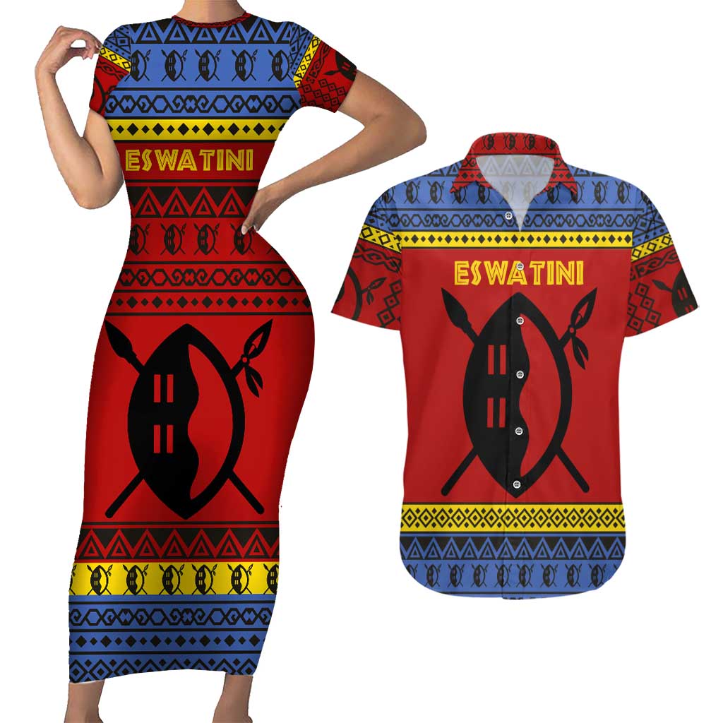Eswatini Flag Couples Matching Short Sleeve Bodycon Dress and Hawaiian Shirt with Traditional Shield Spear and Cultural Pattern Design - Wonder Print Shop