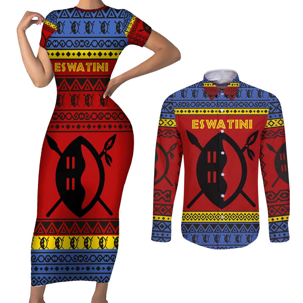 Eswatini Flag Couples Matching Short Sleeve Bodycon Dress and Long Sleeve Button Shirt with Traditional Shield Spear and Cultural Pattern Design - Wonder Print Shop