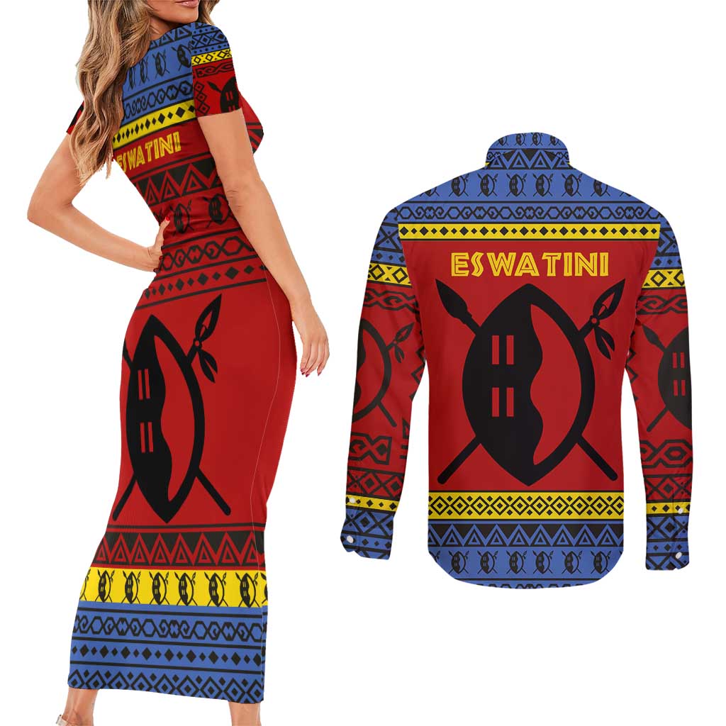 Eswatini Flag Couples Matching Short Sleeve Bodycon Dress and Long Sleeve Button Shirt with Traditional Shield Spear and Cultural Pattern Design - Wonder Print Shop