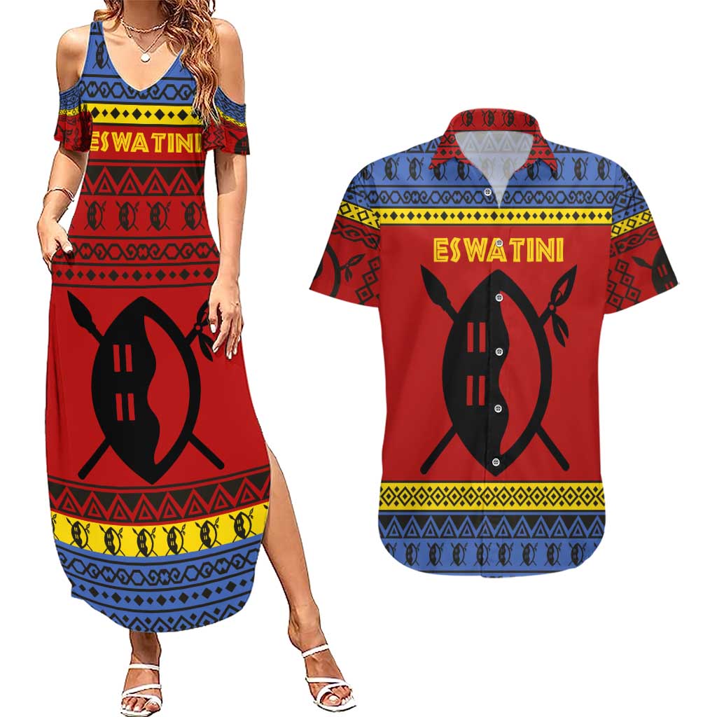 Eswatini Flag Couples Matching Summer Maxi Dress and Hawaiian Shirt with Traditional Shield Spear and Cultural Pattern Design - Wonder Print Shop
