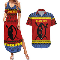 Eswatini Flag Couples Matching Summer Maxi Dress and Hawaiian Shirt with Traditional Shield Spear and Cultural Pattern Design - Wonder Print Shop