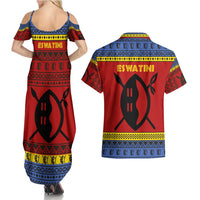 Eswatini Flag Couples Matching Summer Maxi Dress and Hawaiian Shirt with Traditional Shield Spear and Cultural Pattern Design - Wonder Print Shop
