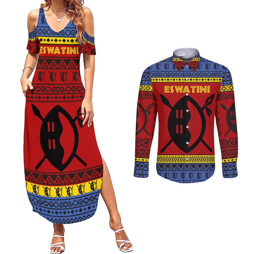 Eswatini Flag Couples Matching Summer Maxi Dress and Long Sleeve Button Shirt with Traditional Shield Spear and Cultural Pattern Design - Wonder Print Shop