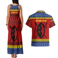 Eswatini Flag Couples Matching Tank Maxi Dress and Hawaiian Shirt with Traditional Shield Spear and Cultural Pattern Design - Wonder Print Shop