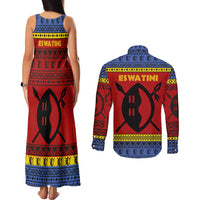 Eswatini Flag Couples Matching Tank Maxi Dress and Long Sleeve Button Shirt with Traditional Shield Spear and Cultural Pattern Design - Wonder Print Shop