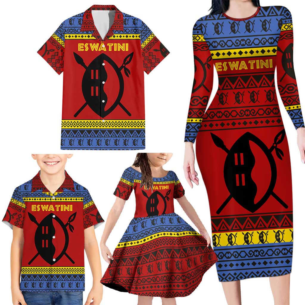 Eswatini Flag Family Matching Long Sleeve Bodycon Dress and Hawaiian Shirt with Traditional Shield Spear and Cultural Pattern Design - Wonder Print Shop