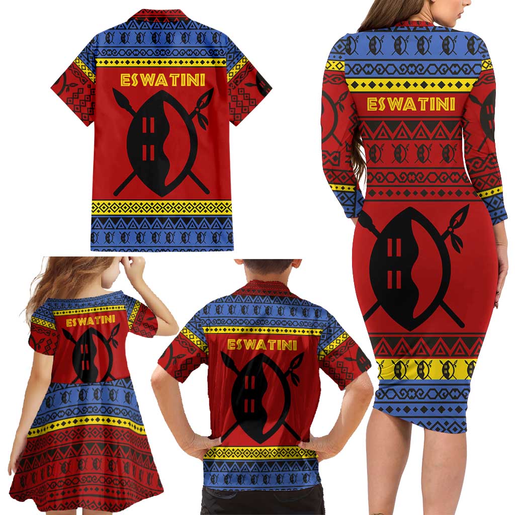Eswatini Flag Family Matching Long Sleeve Bodycon Dress and Hawaiian Shirt with Traditional Shield Spear and Cultural Pattern Design - Wonder Print Shop