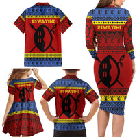 Eswatini Flag Family Matching Long Sleeve Bodycon Dress and Hawaiian Shirt with Traditional Shield Spear and Cultural Pattern Design - Wonder Print Shop