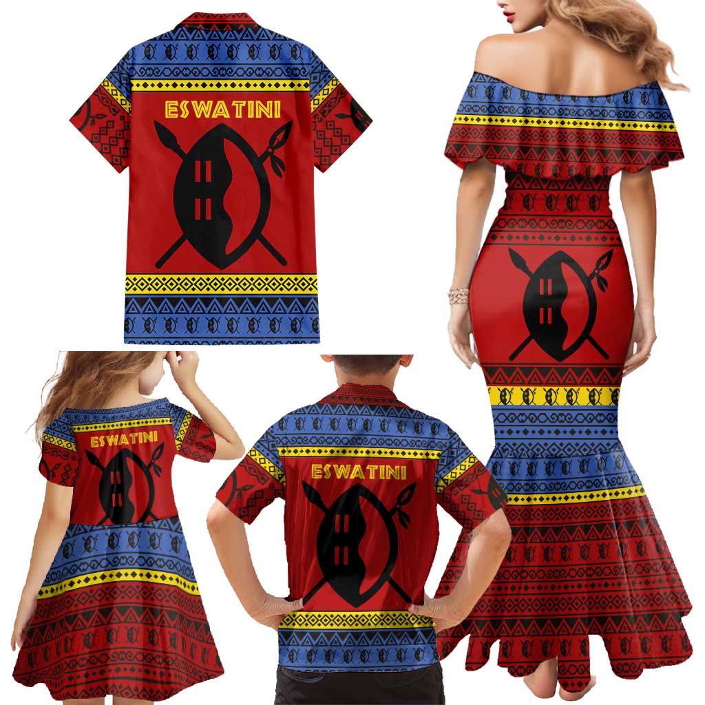 Eswatini Flag Family Matching Mermaid Dress and Hawaiian Shirt with Traditional Shield Spear and Cultural Pattern Design - Wonder Print Shop