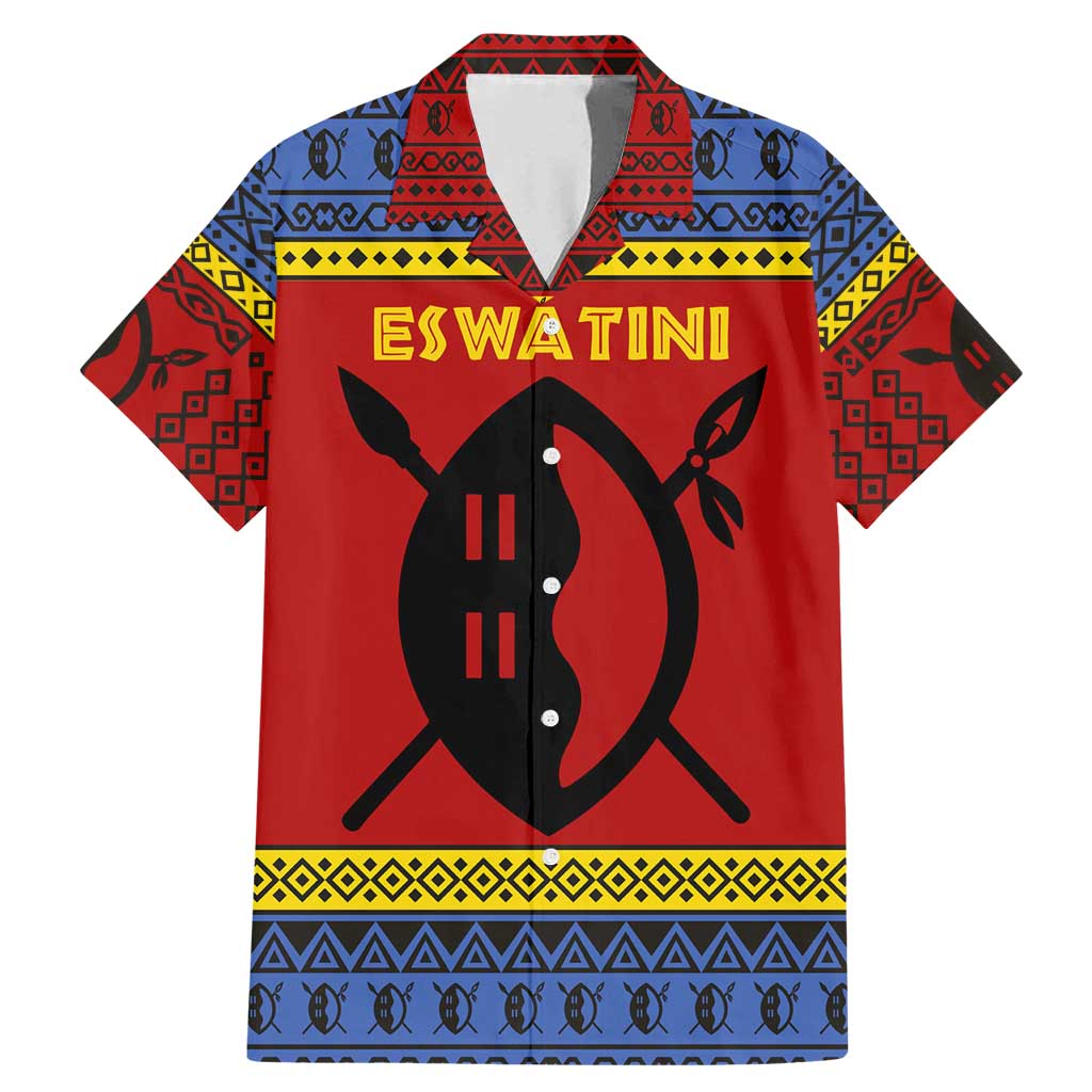 Eswatini Flag Family Matching Mermaid Dress and Hawaiian Shirt with Traditional Shield Spear and Cultural Pattern Design - Wonder Print Shop