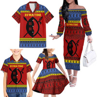 Eswatini Flag Family Matching Off The Shoulder Long Sleeve Dress and Hawaiian Shirt with Traditional Shield Spear and Cultural Pattern Design - Wonder Print Shop