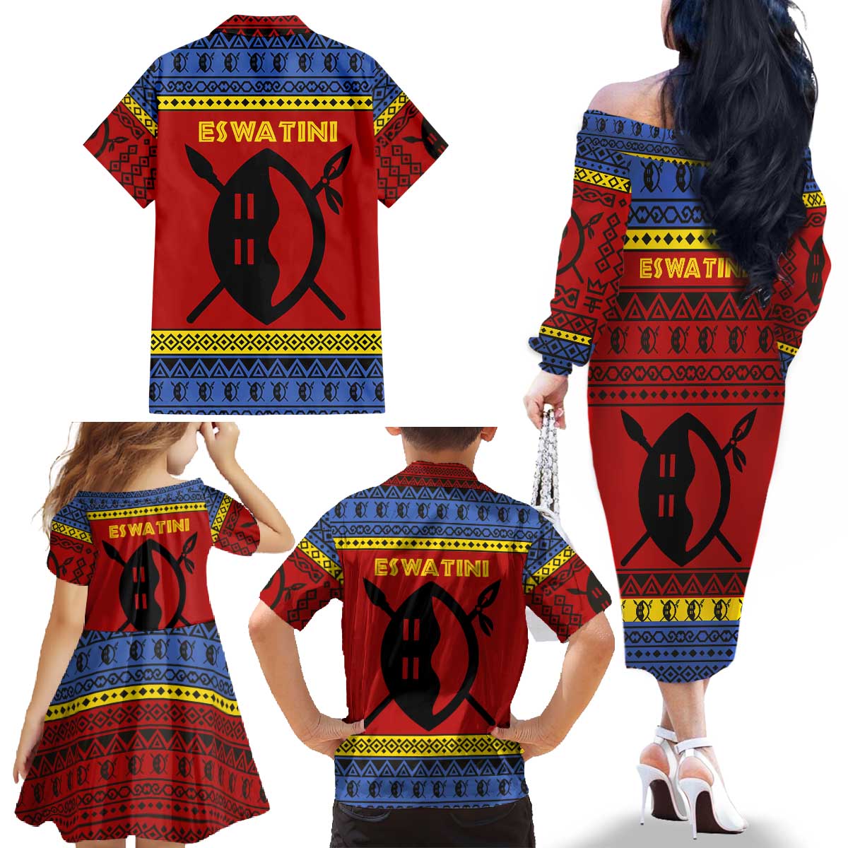 Eswatini Flag Family Matching Off The Shoulder Long Sleeve Dress and Hawaiian Shirt with Traditional Shield Spear and Cultural Pattern Design - Wonder Print Shop