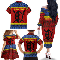 Eswatini Flag Family Matching Off The Shoulder Long Sleeve Dress and Hawaiian Shirt with Traditional Shield Spear and Cultural Pattern Design - Wonder Print Shop
