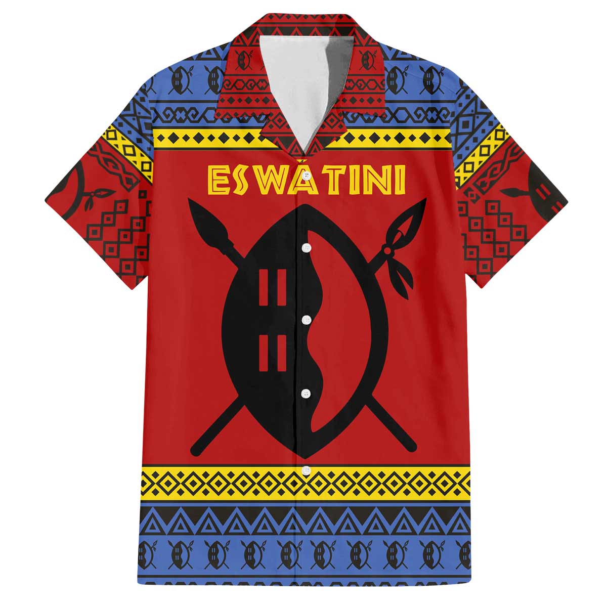 Eswatini Flag Family Matching Off The Shoulder Long Sleeve Dress and Hawaiian Shirt with Traditional Shield Spear and Cultural Pattern Design - Wonder Print Shop