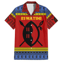 Eswatini Flag Family Matching Off The Shoulder Long Sleeve Dress and Hawaiian Shirt with Traditional Shield Spear and Cultural Pattern Design - Wonder Print Shop
